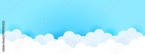 Bottom border of fluffy white paper cut clouds on a light blue gradient background