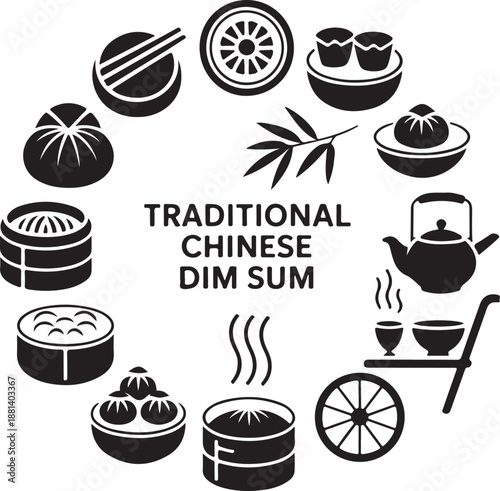Food icons, chinese dim sum, steamer basket, asian dumpling, tea pot, breakfast meal, bamboo container, traditional cuisine