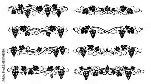 Ornamental grape vine borders set featuring clusters of grapes and leaves for elegant design projects