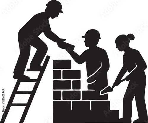 Silhouette of Construction Workers and Masonry Team Building a Brick Wall Isolated on White Background for Industrial Labor Concept