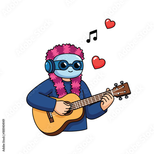 A blue creature with pink hair plays guitar