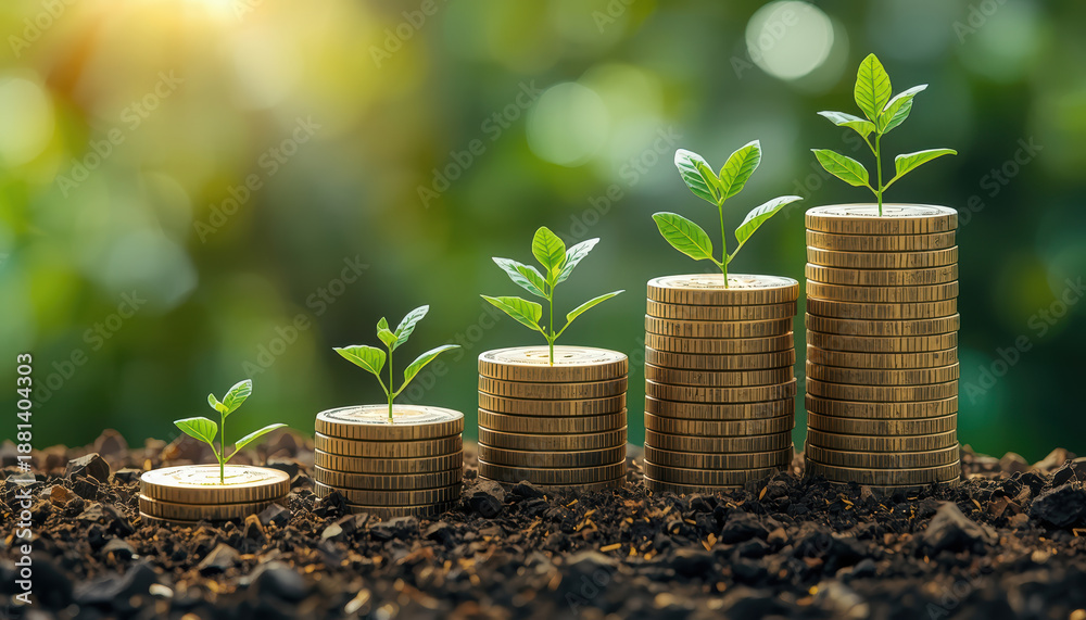 Obraz premium Coin stacks with sapling growth symbolizing sustainable investment and financial growth