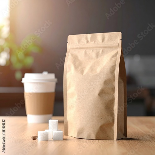 Paper bag and coffee with sugar cubes
