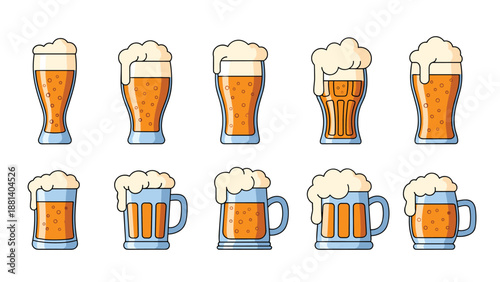 Collection of different beer glasses and mugs filled with amber liquid and overflowing white foam for beverage designs.