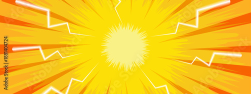High energy comic book style background with yellow sunburst explosion and white lightning bolts