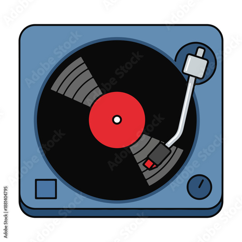 A blue record player with a black vinyl and red center