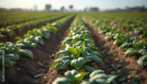 Young leafy crop rows in fertile field bathed in warm morning light expressing calm growth