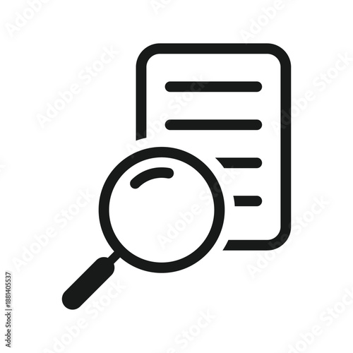 Outline magnifying glass with paper note icon isolated flat design.