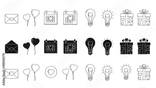 Large set of romantic icons including heart shaped balloons envelopes and lightbulbs for Valentines Day or weddings.