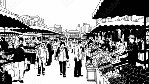 Busy outdoor market scene with people shopping