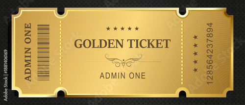 Golden ticket for events, discounts, or admission. Elegant design with embossing, barcode, and unique number. Template for movies, concerts, festivals, and airline tickets. Editable vector graphics.