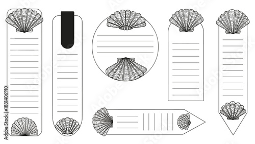 Collection of seashell themed bookmarks and gift tags in black and white line art style for writing and stationery.