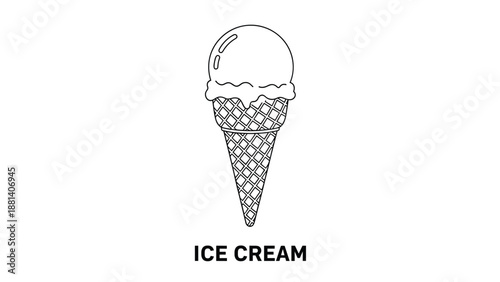 Minimalist ice cream cone line art illustration with a single scoop on a textured wafer cone for coloring or icons.