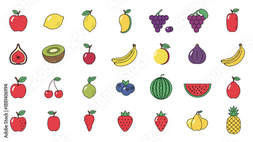 Large collection of colorful flat fruit icons including apple lemon mango grapes cherry banana kiwi fig and others.