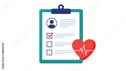 Medical clipboard checklist with a heart pulse line and profile icon symbolizing health insurance and patient care.