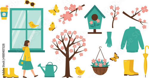 Springtime illustration set with blooming cherry blossoms, birds, gardening items, cozy clothing, and cheerful outdoor seasonal elements