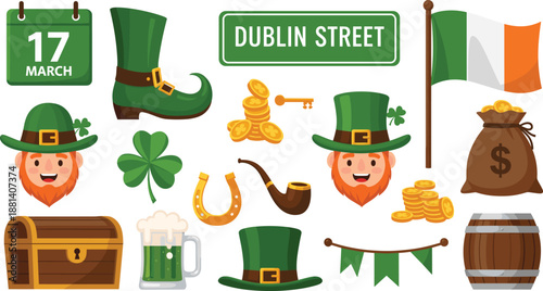 St Patrick’s Day festive icon set with leprechaun, shamrock, gold coins, Irish flag, and holiday symbols