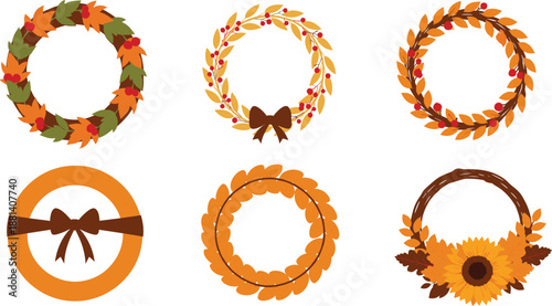 Autumn wreath collection with leaves, berries, bows, and sunflower designs for fall seasonal decoration
