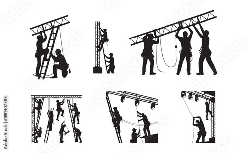 Stage Rigging Crew Working on Lighting Truss Silhouette Vector.