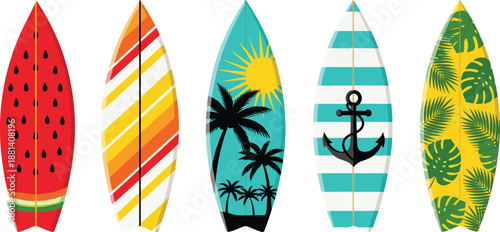 Colorful surfboard vector set with tropical summer patterns beach sport designs isolated on white background