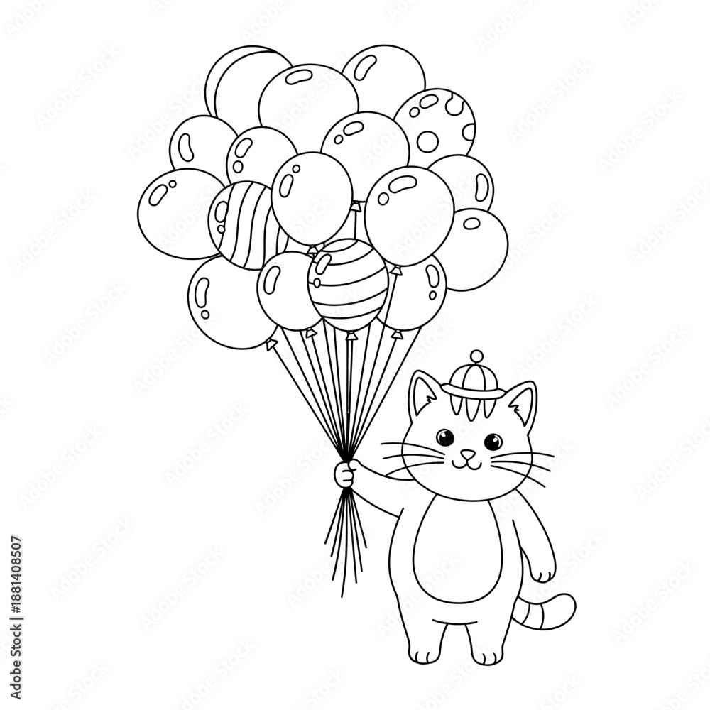 Fototapeta premium Cute Cat Wearing Hat Holding Bunch of Balloons Coloring Page.