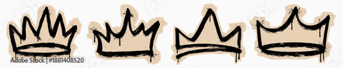 Hand drawn graffiti crown illustration set in scrapbook style with rough brush strokes, dripping paint, and grunge urban texture, isolated on white background