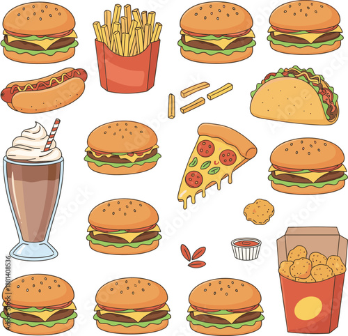 Cute fast food illustration set with burgers, fries, pizza, hot dog, tacos, nuggets, and milkshake