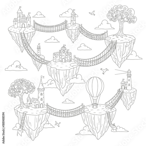 Fantasy World of Floating Islands with Castles and Bridges.