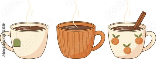 Cute steaming tea and coffee cups illustration set with cozy mugs, warm drinks, and autumn-inspired details