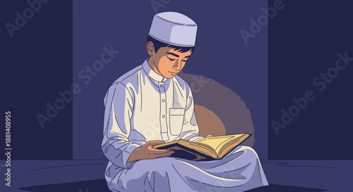 A young Muslim boy, in traditional white attire and a kufi, sits deeply focused, reading a sacred religious text, embodying spiritual education and cultural heritage.