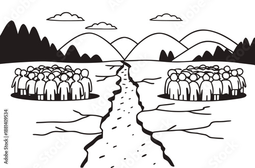 People divided by a cracked landscape