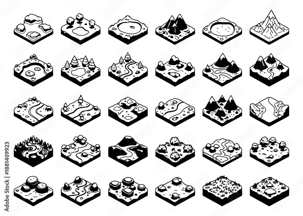 Fototapeta premium Hand drawn isometric line art landscape tiles set featuring diverse natural terrain features for game design and map creation