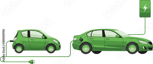 Green electric cars connected to charging station illustrating eco friendly transportation and sustainable electric vehicle technology