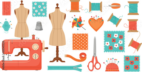 Sewing and tailoring tools vector set with mannequin sewing machine fabrics threads and accessories