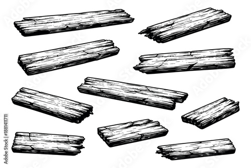 Hand drawn line art wood planks set featuring old weathered wooden boards for design or craft projects