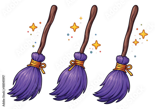 Hand drawn cartoon witch broom set featuring purple bristles and sparkling magic for halloween