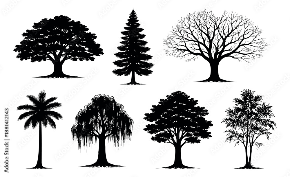 Fototapeta premium Silhouette tree set featuring various tree species including deciduous, coniferous, and palm trees for nature design projects