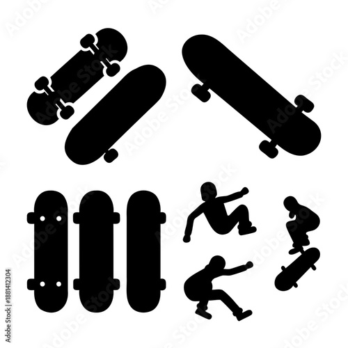 Collection of skateboard and skateboarder silhouettes depicting action and movement in sport