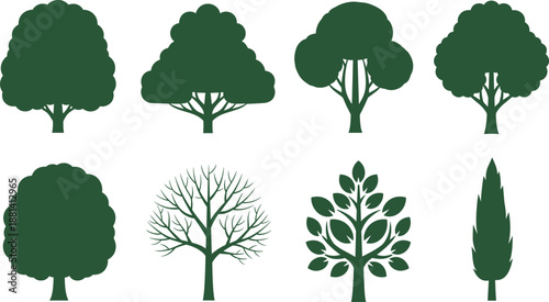 Green tree silhouette collection, flat nature icons set, deciduous and ornamental trees, eco friendly landscape elements, modern vector illustration isolated on white