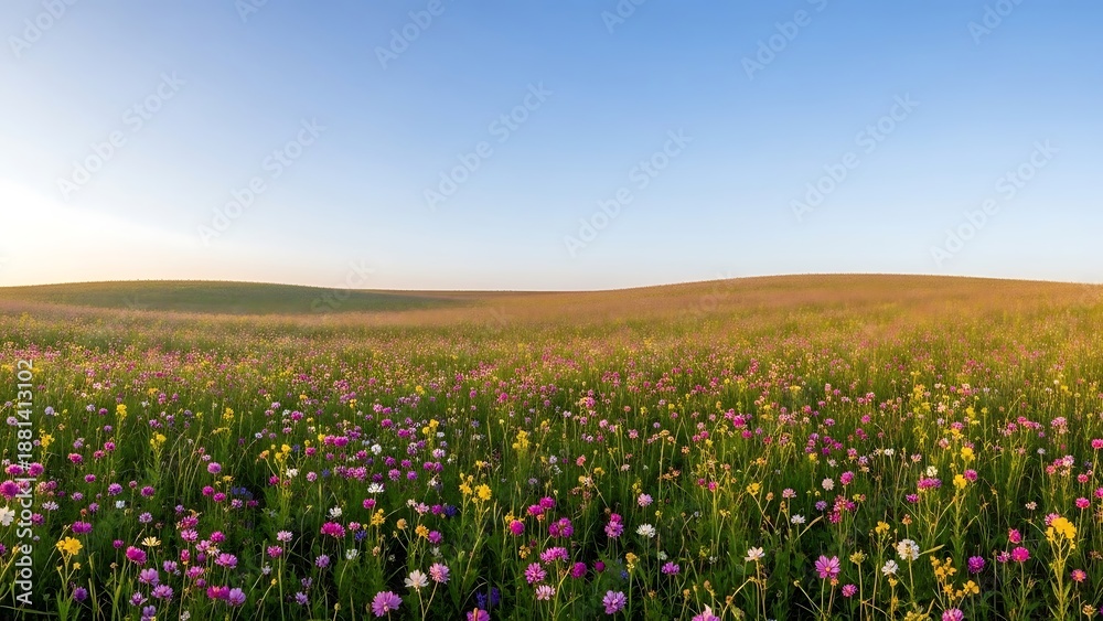 Fototapeta premium Serene Panoramic Wildflower Meadow Landscape Backdrop | Soft Floral Background for Copy Space, Tranquility, Spring & Summer