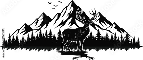 Majestic deer silhouette illustration, standing in alpine mountain forest landscape with pine trees and birds, wildlife nature emblem, black vector artwork