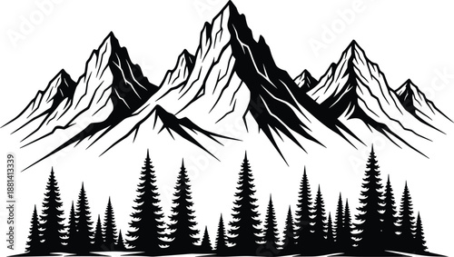 Mountain landscape silhouette illustration with alpine peaks and pine forest, wilderness outdoor scenery, nature adventure design, black vector artwork isolated on white background