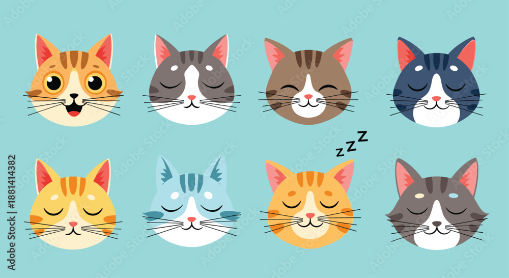 Fototapeta premium Collection of eight adorable cat face icons with different colors, markings, and expressions like sleeping, happy, and smiling.