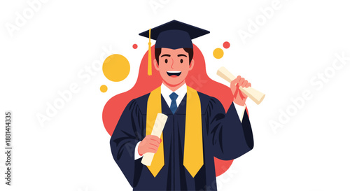 Joyful graduate man in academic regalia holding two diplomas and surrounded by colorful shapes on a white background.