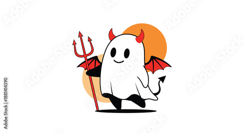 Playful little ghost character wearing red devil horns and wings while holding a pitchfork against an orange circle background.