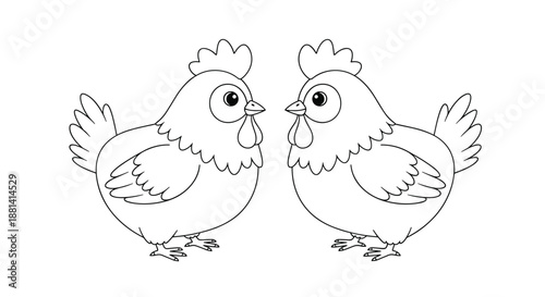 Simple coloring page for kids showing two cute chickens facing each other in a clean black and white outline for farm theme activity.