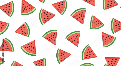 Seamless pattern background of bright red watermelon slices with seeds on a crisp white background for healthy summer food themes.