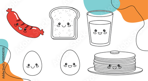 Collection of cute kawaii breakfast food characters including a sausage, bread, milk, eggs, and pancakes in black and white line art for coloring.