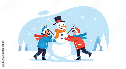 Two happy children in warm winter clothing building a snowman together in a snowy landscape with pine trees and blue sky.