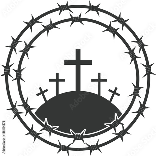 Religious Calvary Hill Silhouette with Five Crosses and Barbed Wire Circular Border Vector Illustration